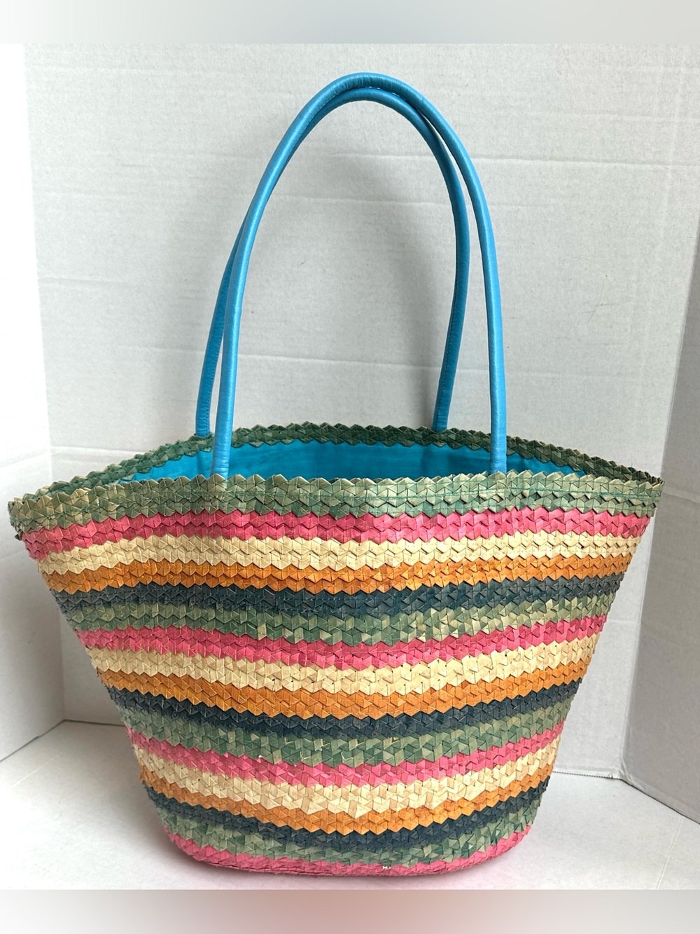 Woven Multicolor Rainbow Stripe Straw Beach Tote Bag Turquoise Leather Handles